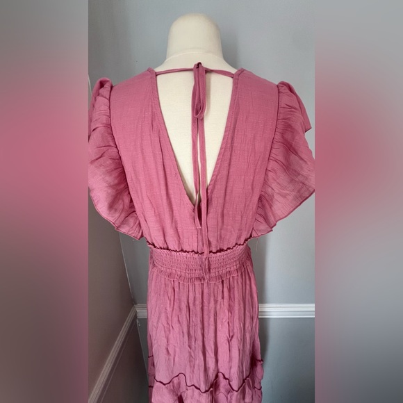 J Gee Pink Tiered Maxi Ruffled V Neck Dress Short Sleeve Boho Cottagecore 1X - Picture 6 of 8